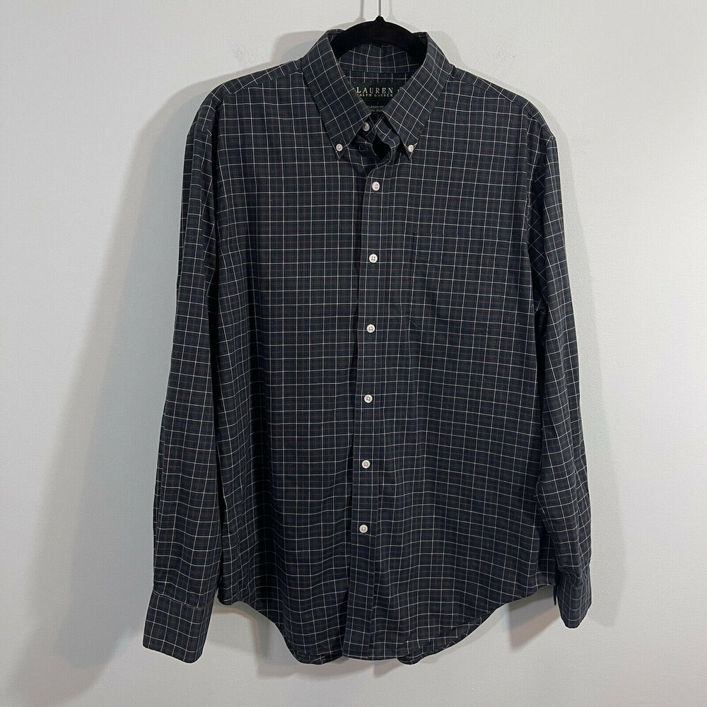 Ralph Lauren Green Plaid Button Down Classic Fit Non Iron Shirt Size 16 34/35